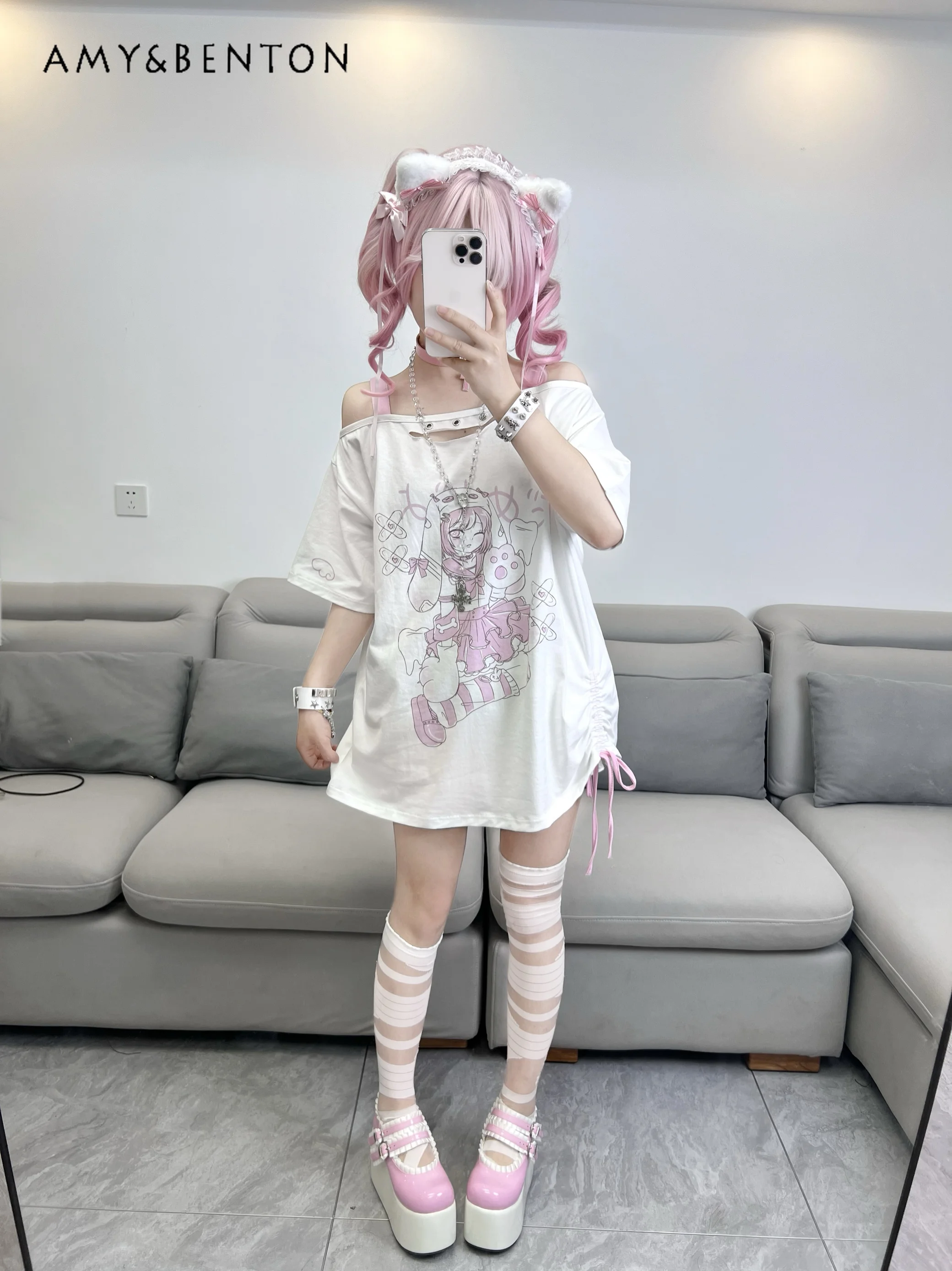 Subculture Kawaii Anime Print T-Shirt con spalle scoperte estate New Harajuku Gothic Sweet T-Shirt oversize bidimensionale Y2k Top