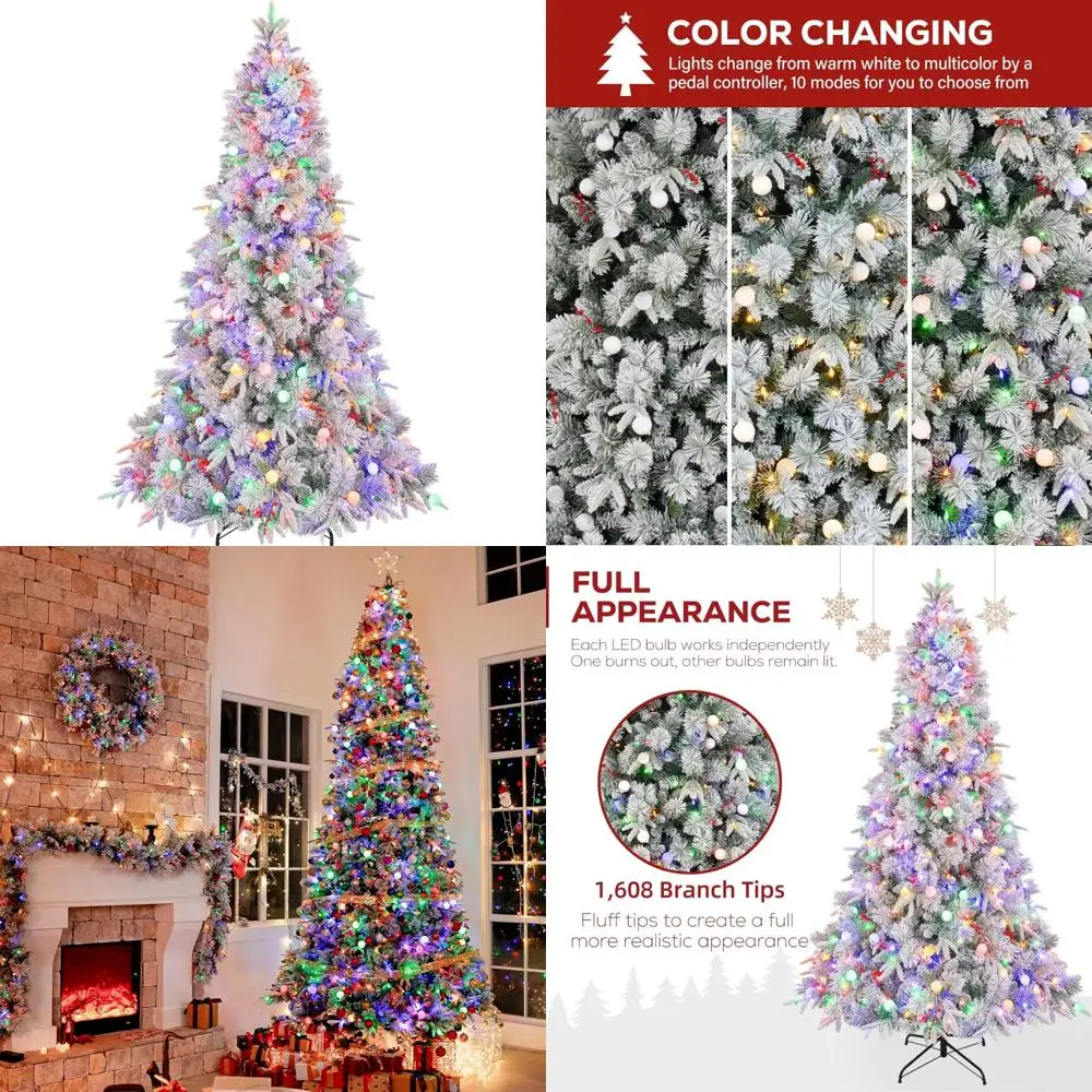 

7.5-Foot Flocked Christmas Tree with 450 Multicolor LEDs, Artificial Pine with Red Berries, High-Quality Holiday Decor