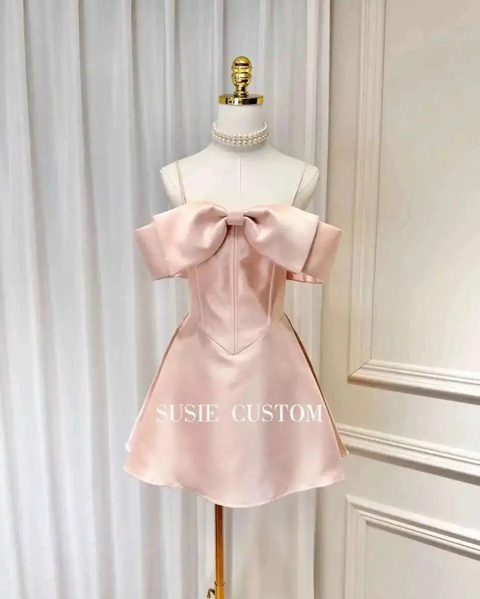 فستان حفلة موسيقية قصير بفيونكة كبيرة للصيف والخريف للنساء بأشرطة مثيرة ورقبة مائلة بدون ظهر للحفلات المسائية باللون الوردي #2