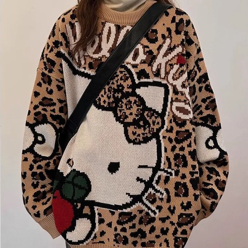 

Sanrio Hello Kitty Leopard Print Round Neck Sweater Autumn Winter New Korean Version Knitted Pullover Y2K Sweet Girl Casual Top