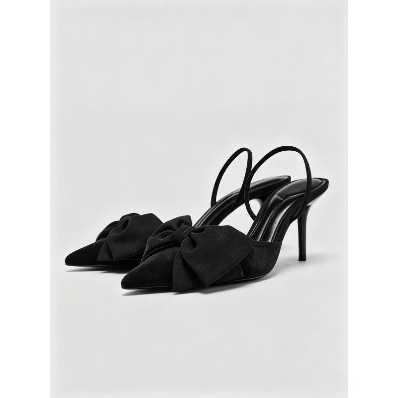 

Summer new women's shoes black velvet effect bow decoration shallow mouth exposed heel fine heel fashion sandals for women