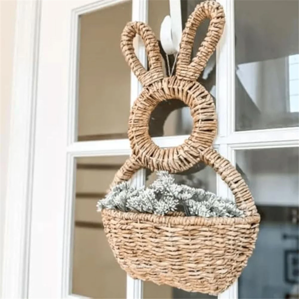 A03R Bunny Basket Hanging Wall Pocket Spring Decor, Hand Woven Wicker Easter Bunny Basket Wall Pocket,for Decorations