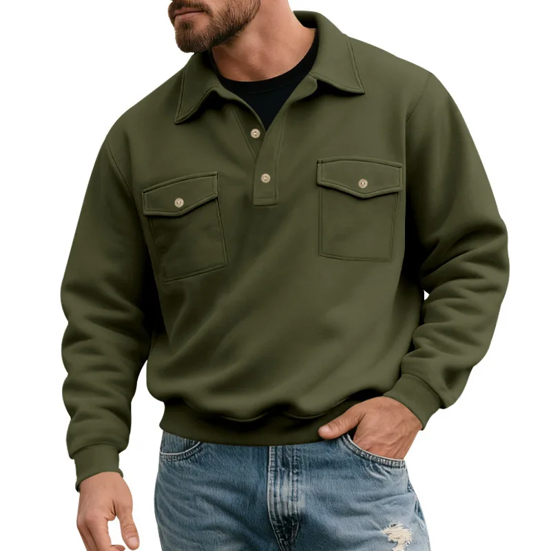 2026 Heavy Retro Spring and Autumn Sweater Men's Lapel Tough Guy POLO Tooling Locomotive Long-sleeved Sweater