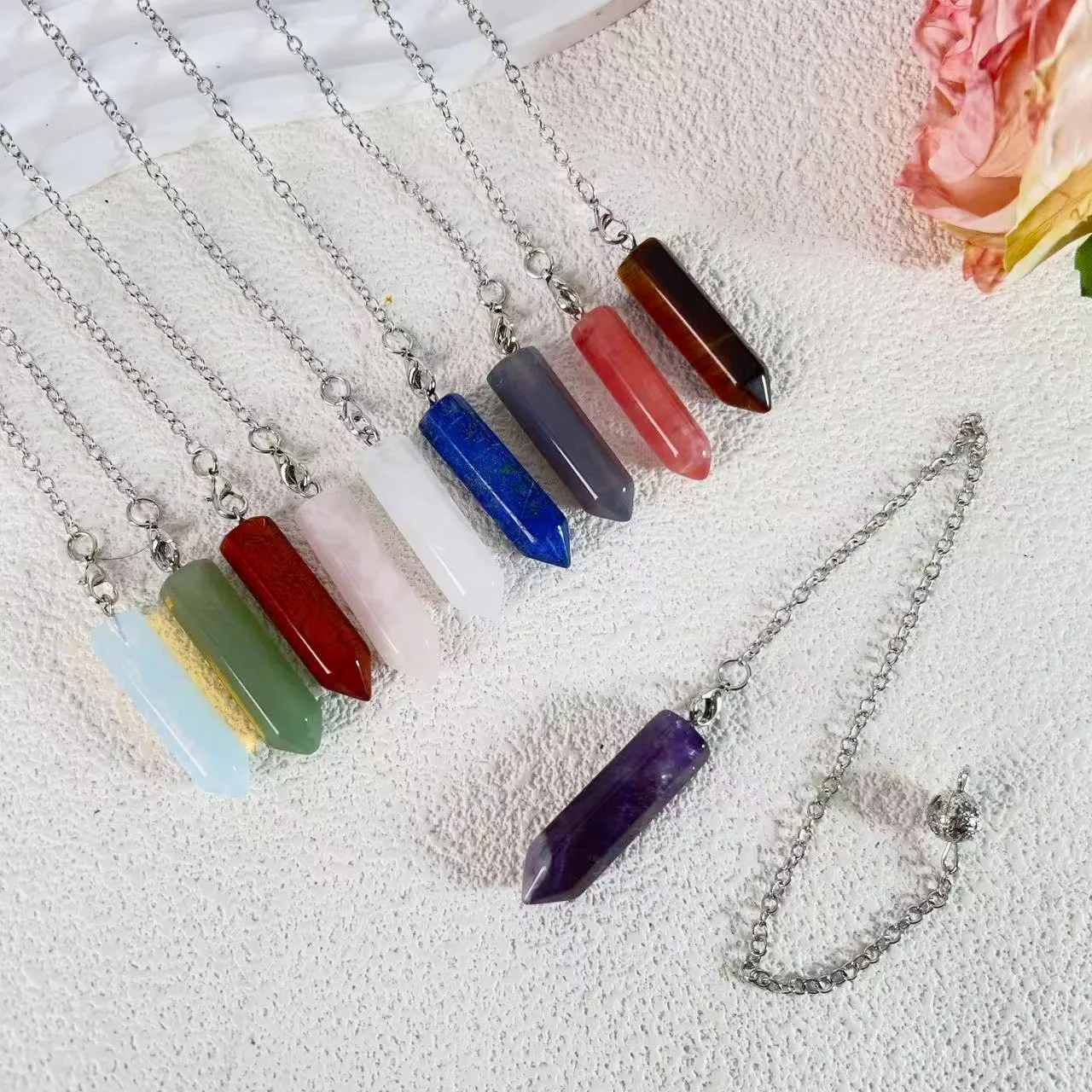 Hexagonal Point Bullet Natural Stone Pendants, Healing Crystal Pendulum Necklaces for Men Women