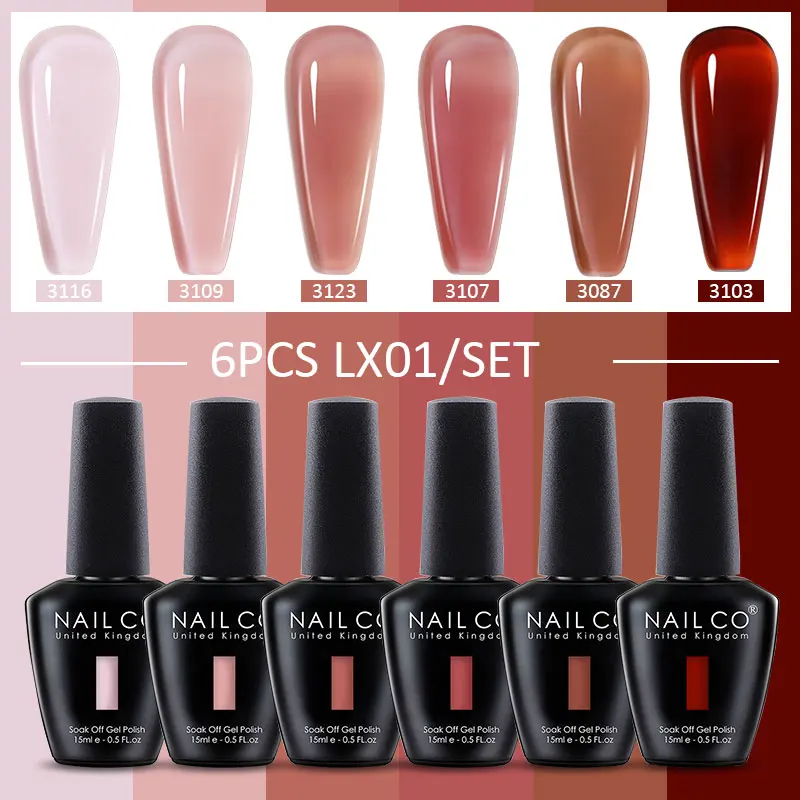 

NAILCO 6Pcs/Lot Jelly Nude Pink Red Gel Nail Polish Kit Long Lasting Natural Color UV LED Semi-permant Varnish Hybrid Nail Art