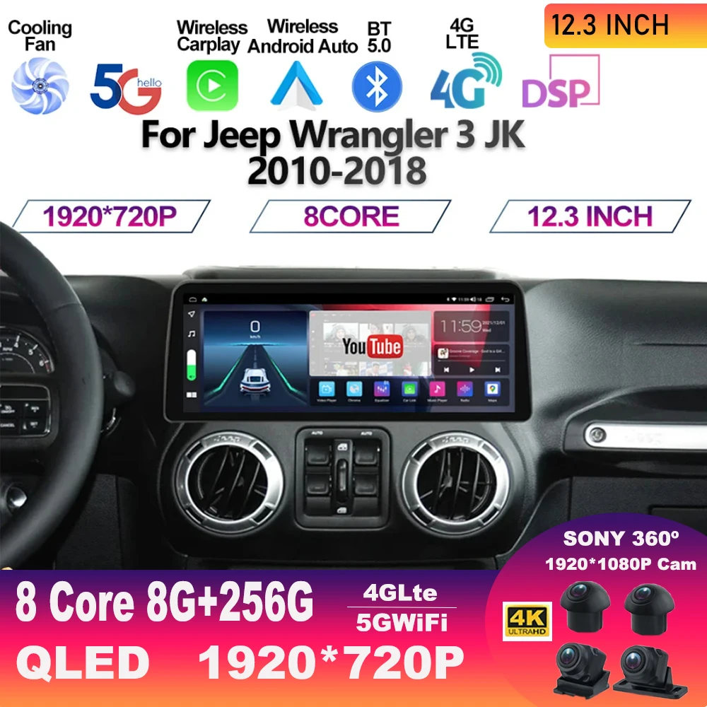 

12,3 дюймов Android 13 для Jeep Wrangler 3 JK 2010-2018 автомобильная система GPS мультимедийный плеер Carplay автомобильное радио стерео wi-fi