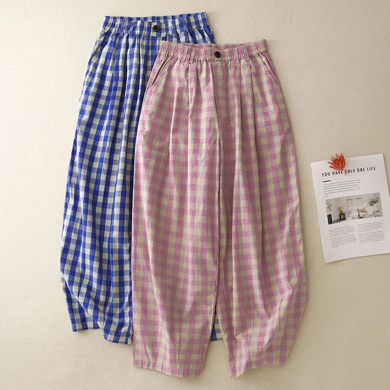 

Summer New Plaid Casual Elastic Waist Harlan Pants Women's plus Size Long Thin Sle Cotton Polyester Blend Comfortable Fit