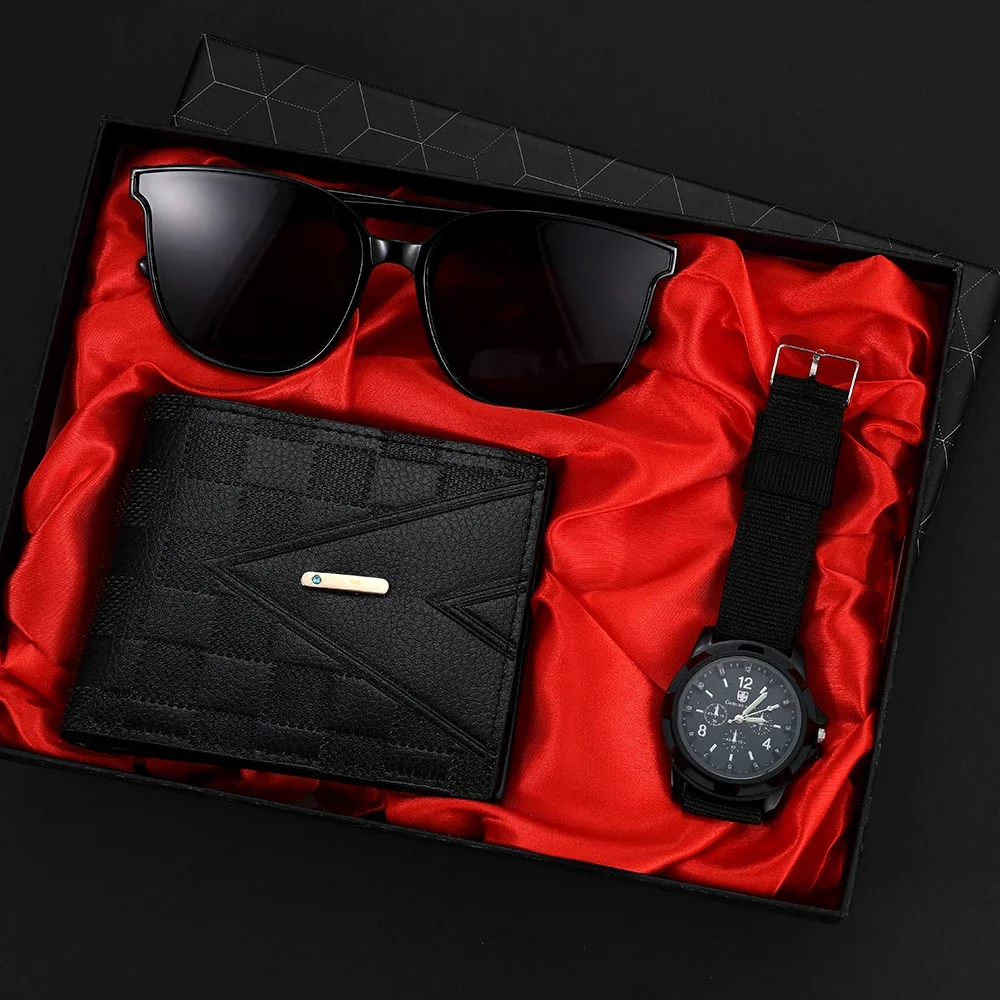 

Мужской комплект часов, ремни, кошельки, солнцезащитные очки, изысканные подарки 3шт, мужские кварцевые часы и кошелек