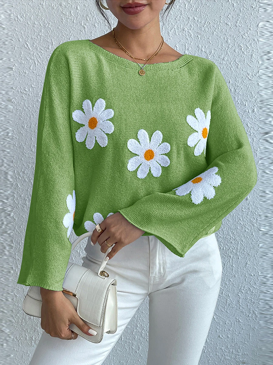 Women Loose Knit Sweater Sweet Flower Embroidered Long Sleeve Boat Neck Pullovers Spring Fall Casual Jumpers Tops