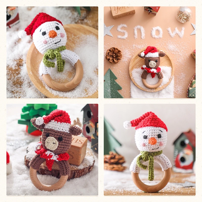 1PC Baby Snowman Ratter Toys Wooden Teether Crochet Elk Deer BPA Free Rattle Toy Newborn Amigurumi Teether Baby Christmas Gifts