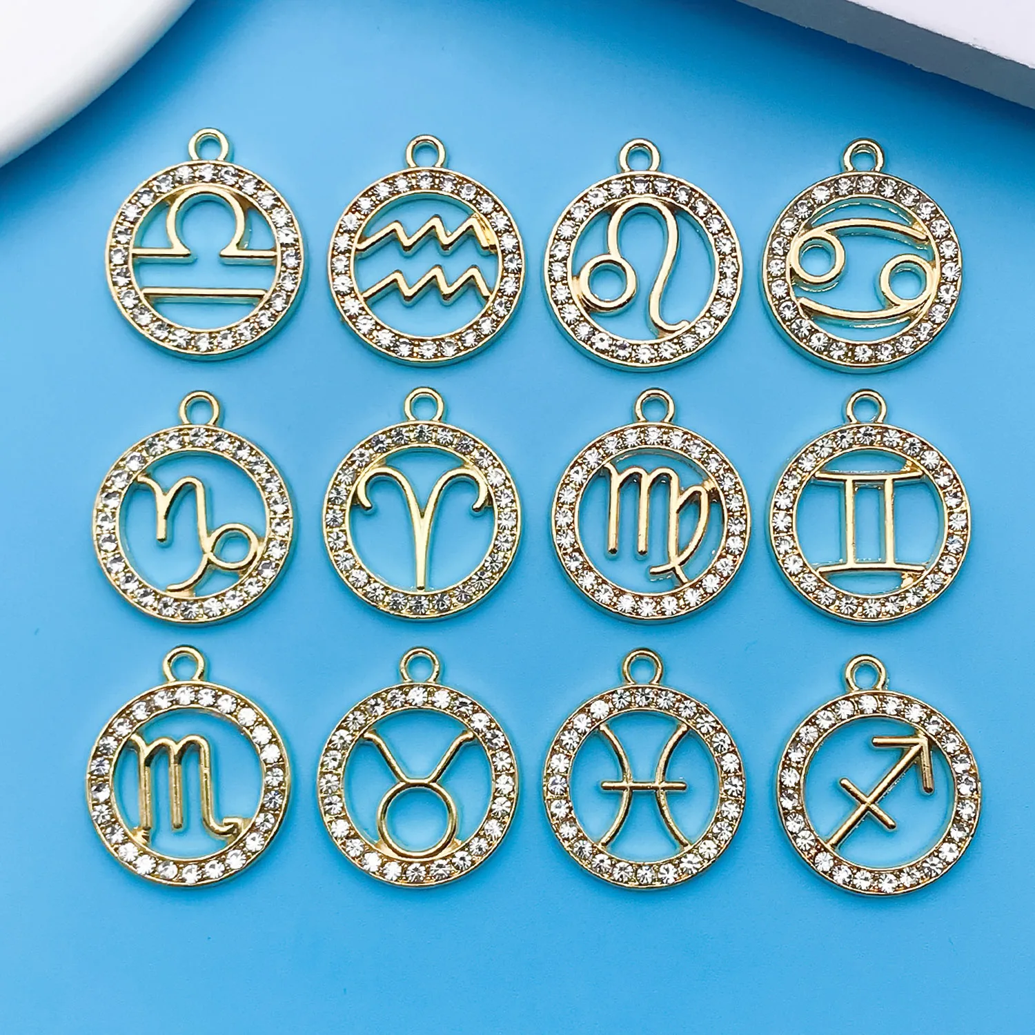 24pcs/lot Alloy 12 Constellation Charm Golden Inlaid Rhinestone Zodiac Pendant For DIY Jewelry Making Crafting Accessory