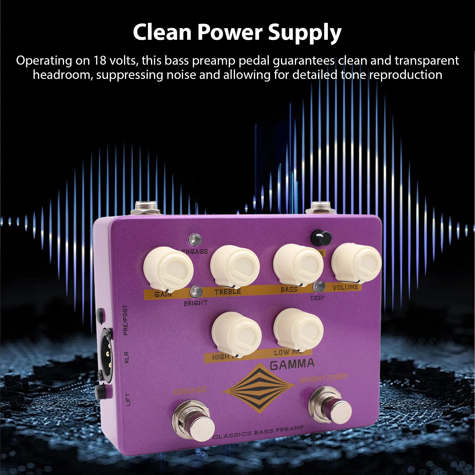 MOSKYAUDIO Gamma Bass Preamp DI تأثيرات دواسة 4-Band EQ مع مخرج سماعة رأس بمفتاح عميق ومشرق للصوت الديناميكي النظيف صحيح