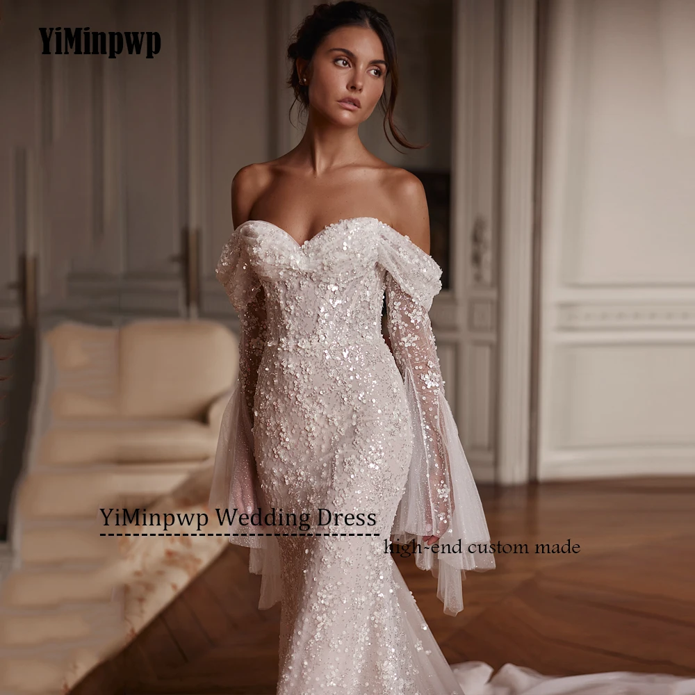 فساتين زفاف حورية البحر فاخرة 2025 بدون أكتاف مطرزة بالترتر وأكمام قابلة للانفصال على شكل قلب فيستدوس دي نوفيا مخصصة