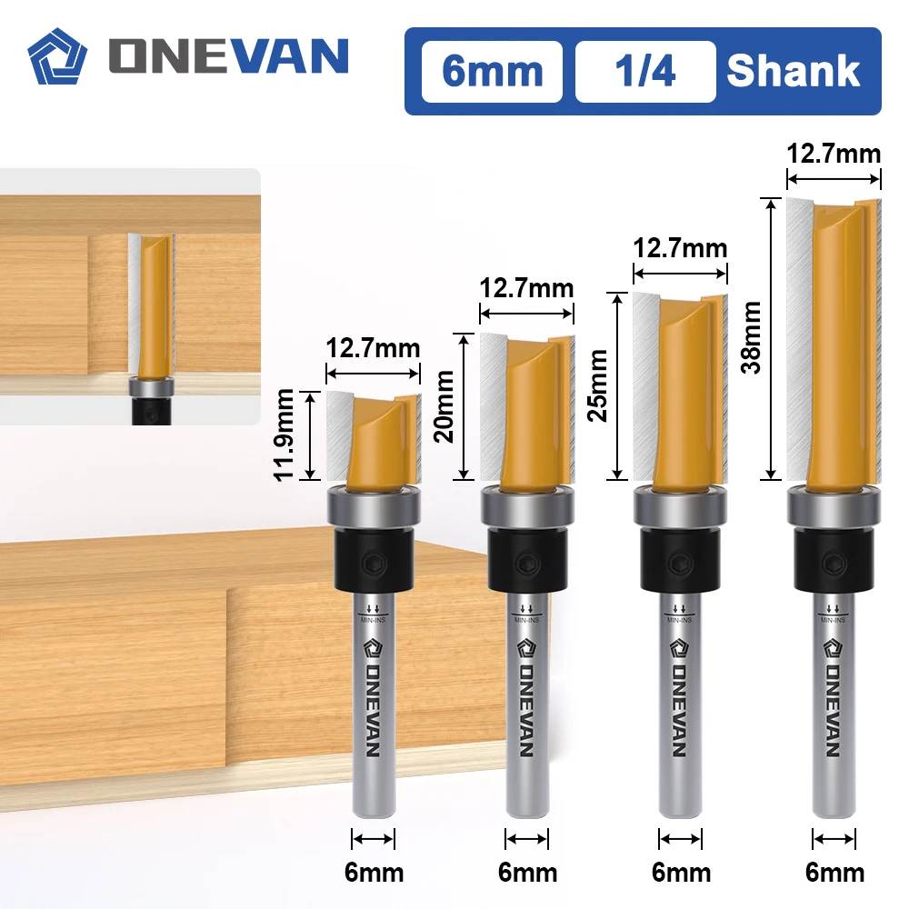 ONEVAN Pattern Flush Trim Router Bit 6/6.35mm, Top Bearing Template Milling Cutter for Wood Woodworking Straight End Mill Blade