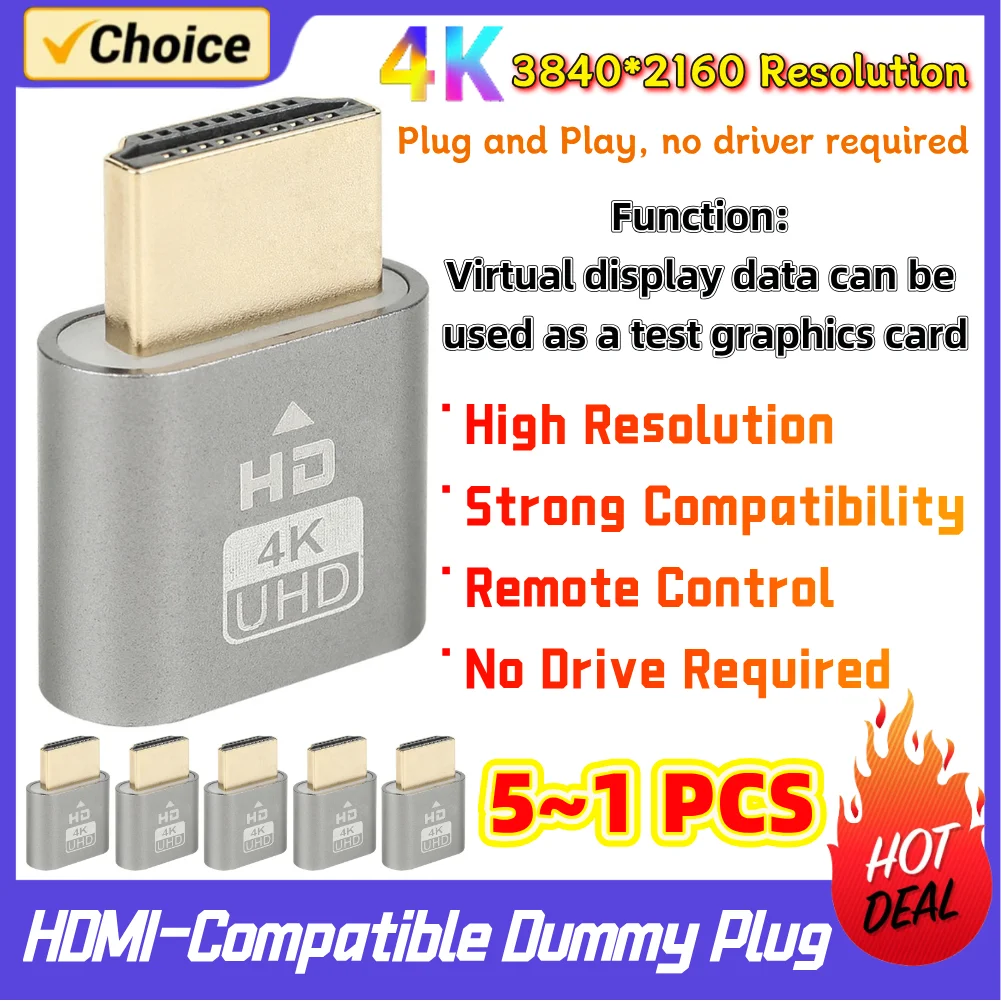 5~1PCS 4K HDMI-Compatible Dummy Plug Virtual Monitor Display Emulator 3840x2160 EDID Display Cheat Virtual Plug for Computer