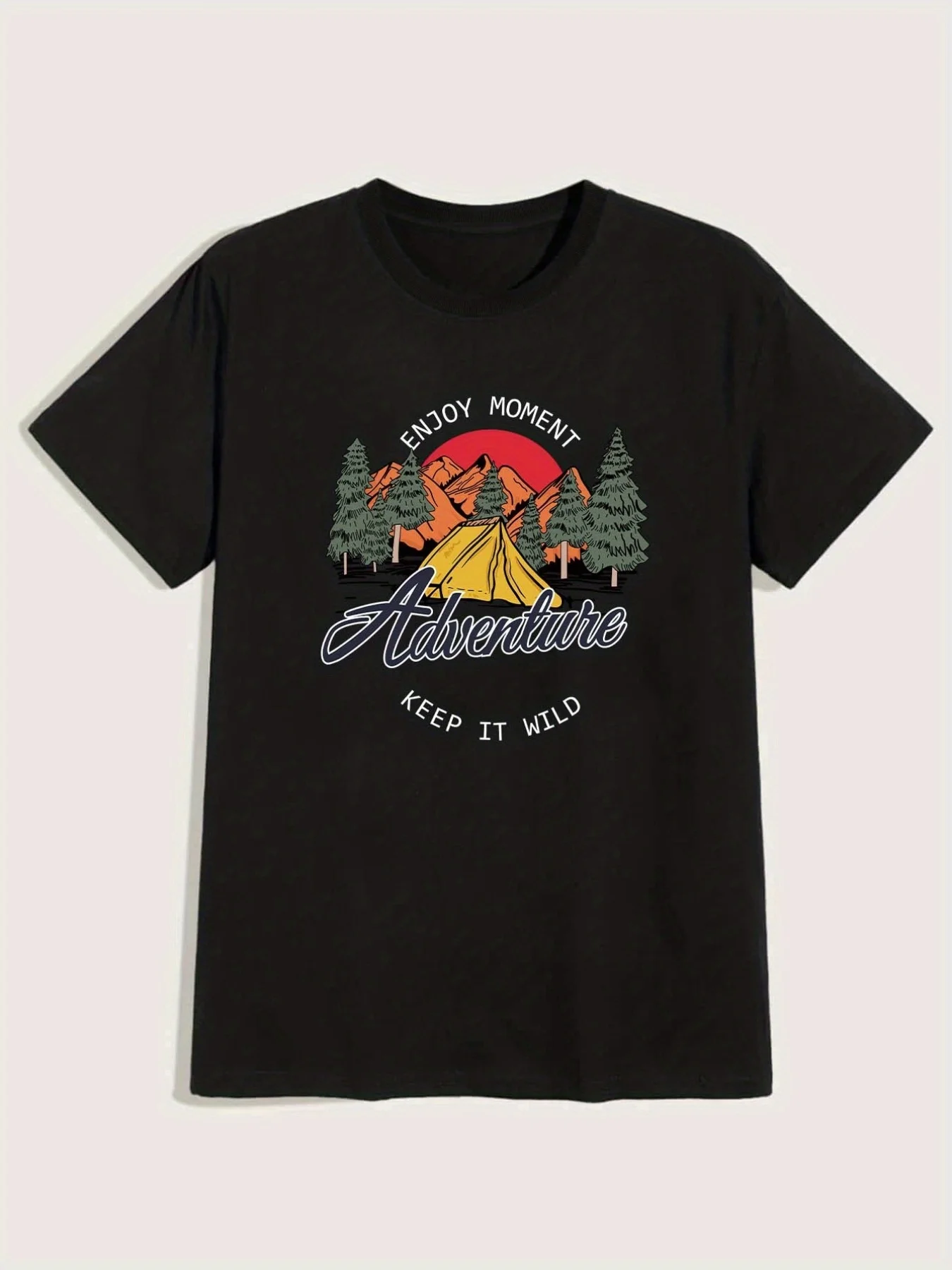 T-shirt casual da uomo con stampa montagne, nera con grafica montagna bianca, leggera e traspirante per tutte le stagioni