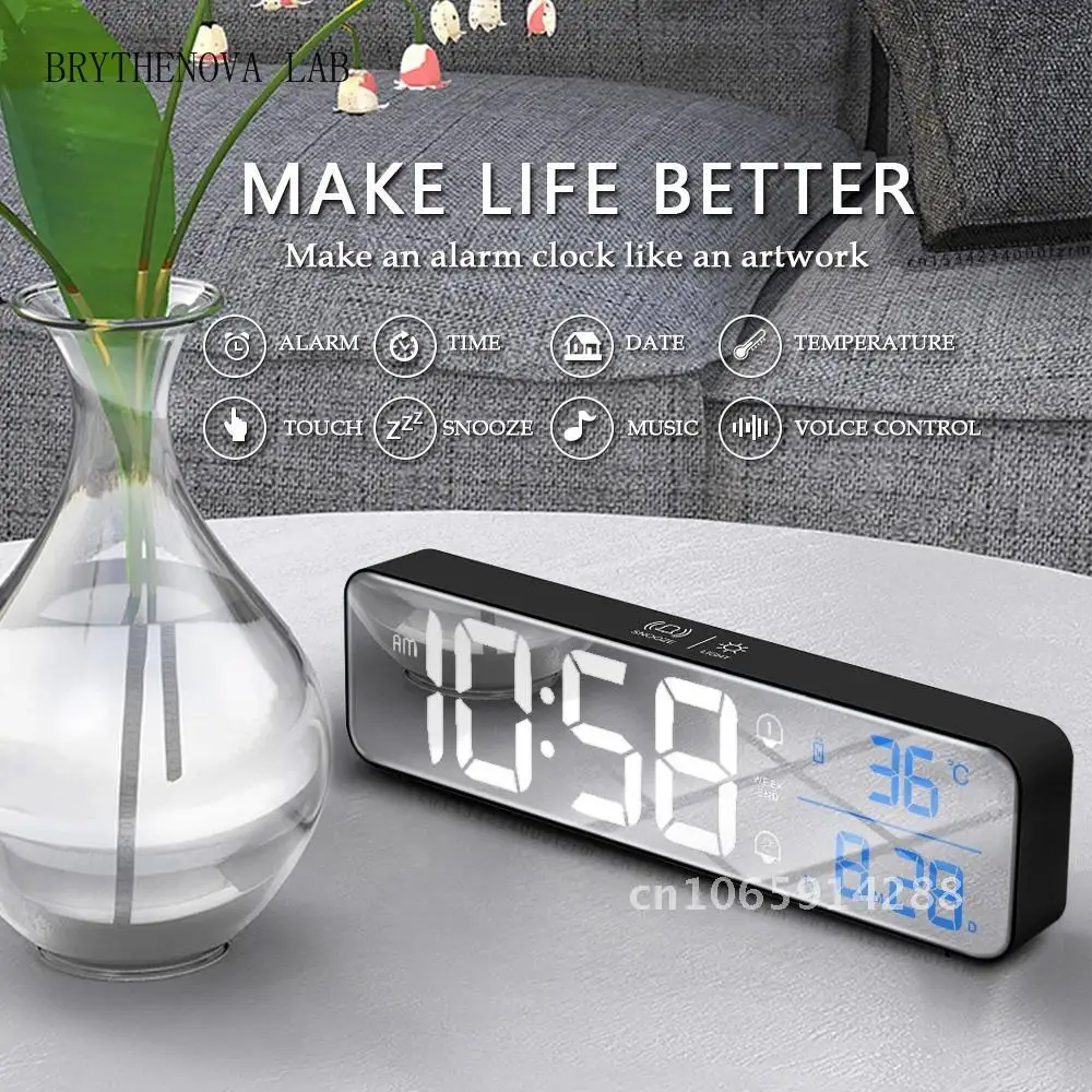 Music Alarm Digital LED Clock Temperature Date Display Desktop Decoration Control Voice 2400mAh Clocks Table Mirror Home Battery