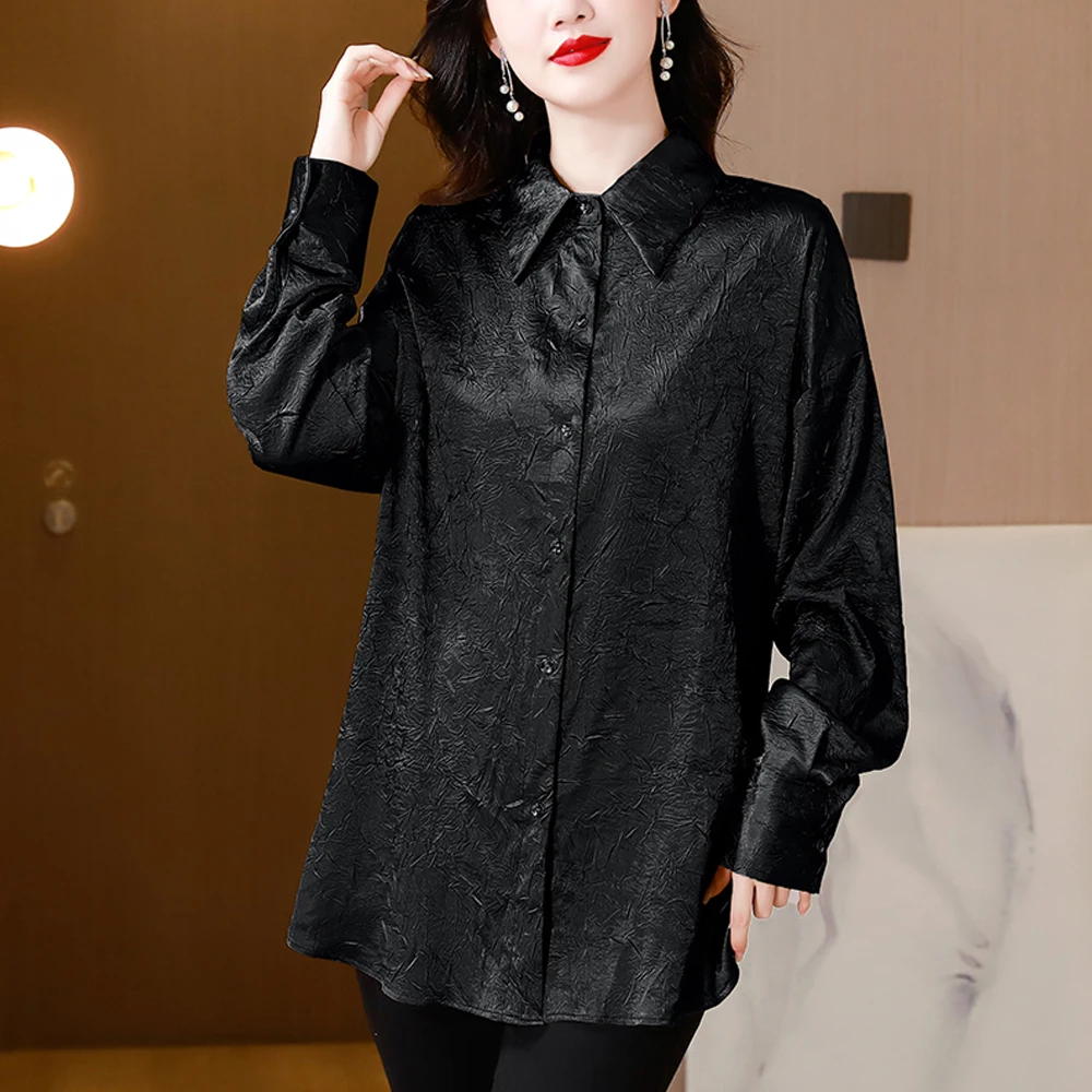 Elegant Chic Folds Shirts For Women Long Sleeve Korean Fashion Casual Loose Outwear Women Blouses 2024 Office Lady Basic Tops