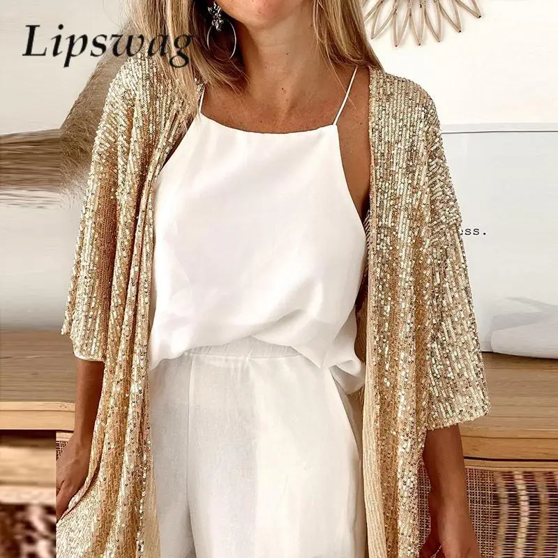 Spring Sexy Shiny Sequins Party Cardigan Coat Autumn Fashion Long Sleeve Loose Outwear Women Casual Elegant Glitter Tops Jacket