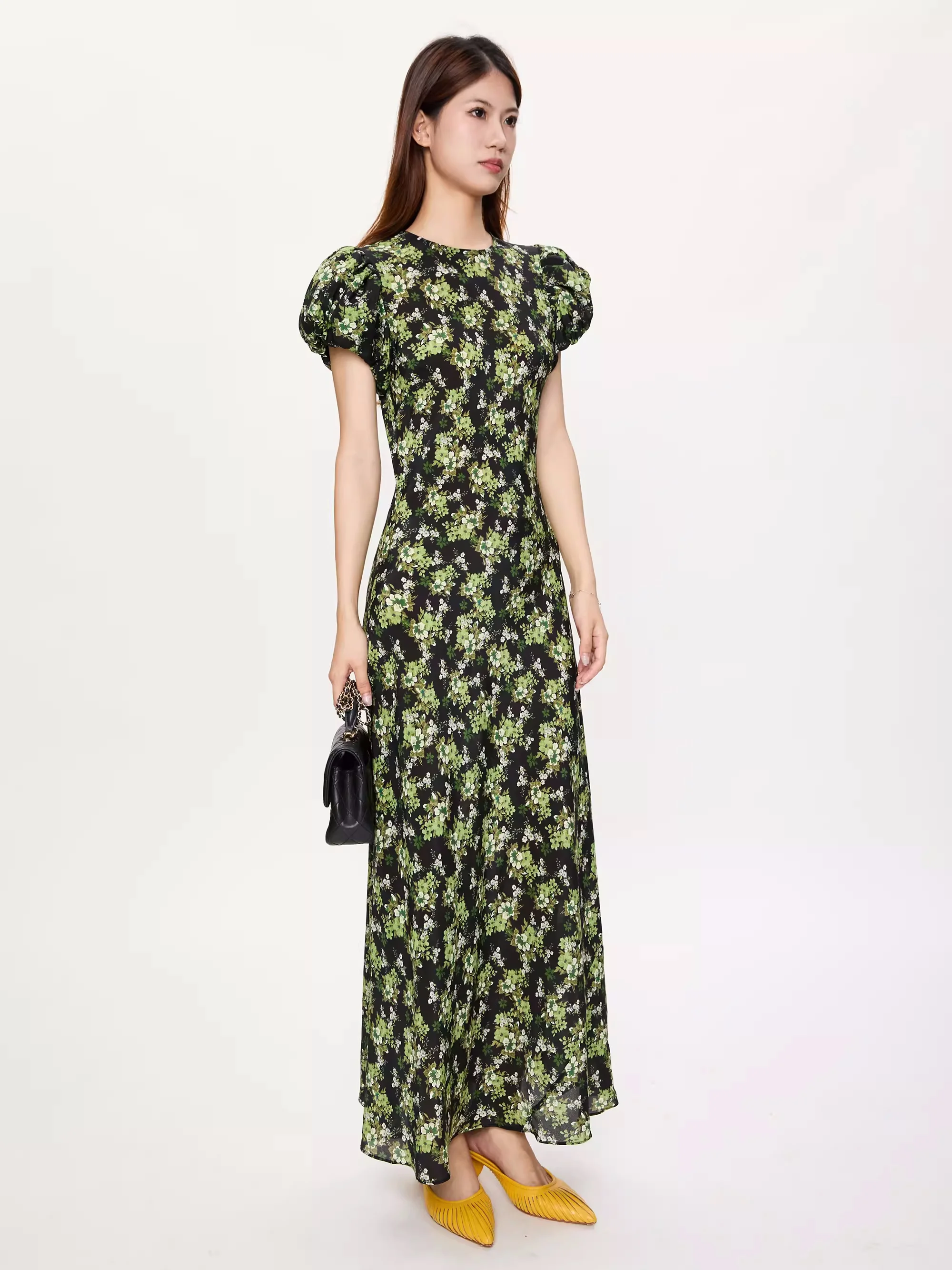 

Puff Sleeve French Floral Silk Maxi Dress Female 2024 Women's Summer Dresses Woman New Dress Bias Cut Mulberry Silk Long Dresses