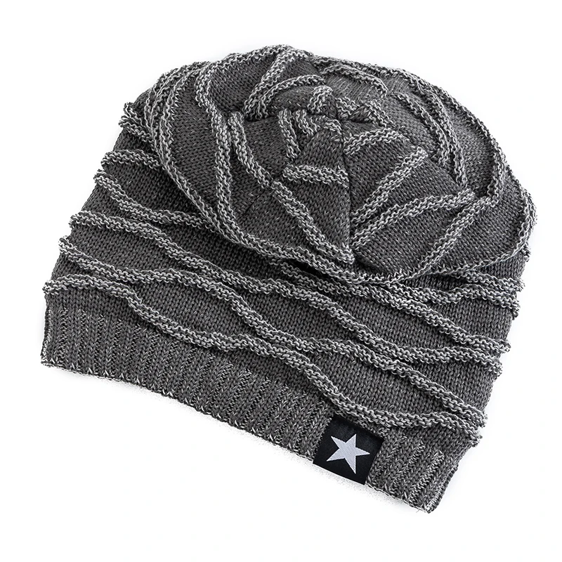 New Unisex Slouchy Winter Hats Add Fur Lined Men And Women Warm Beanie Cap Casual Five-pointed Star Decor Winter Knitted Hats