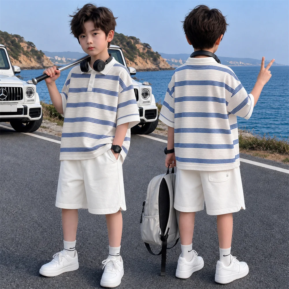 Elegant School Boy Summer Outfit Suit Polo Shirt And Shorts Set Kids Children Fashion Striped Top And Bottom Clothing Set 3-14 Y