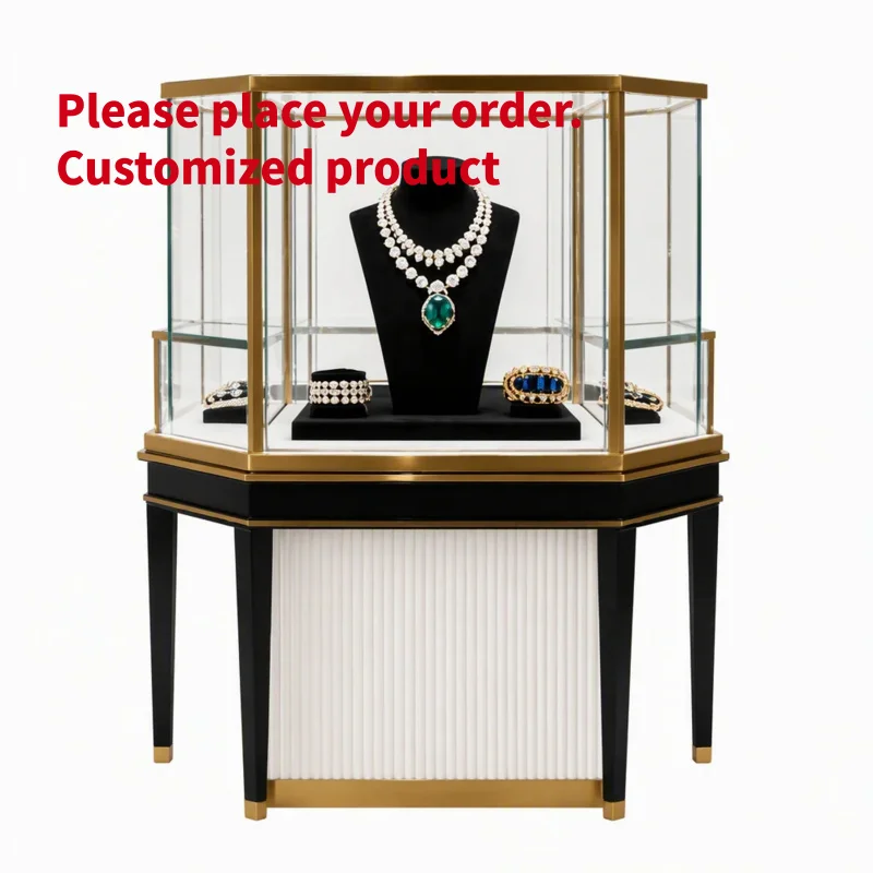 custom.Custom Size Metal Glass Solid Wood Jewelry Display Cabinet LED Lighting Eco-Friendly Durable