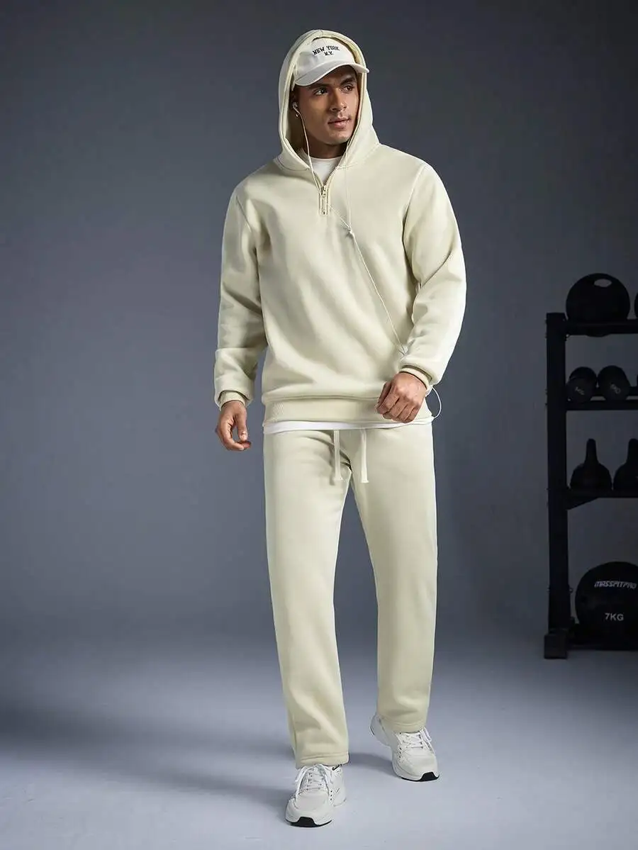 Olive Green Mens Zip-Up Hoodie And Matching Joggers Set For Fall Winter Casual Wear view 3