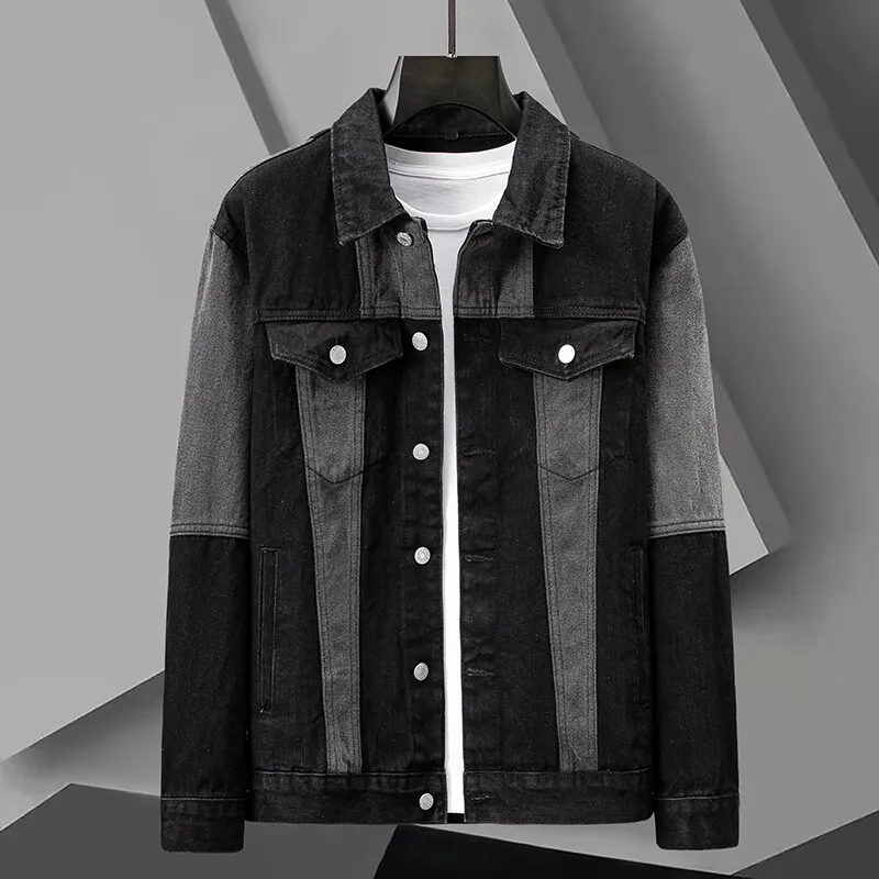 

2025 Spring New Denim Jacket Men Trendy Color Blocking Loose Casual Lapel Jackets Retro Versatile Coats Tops Social Streetwear