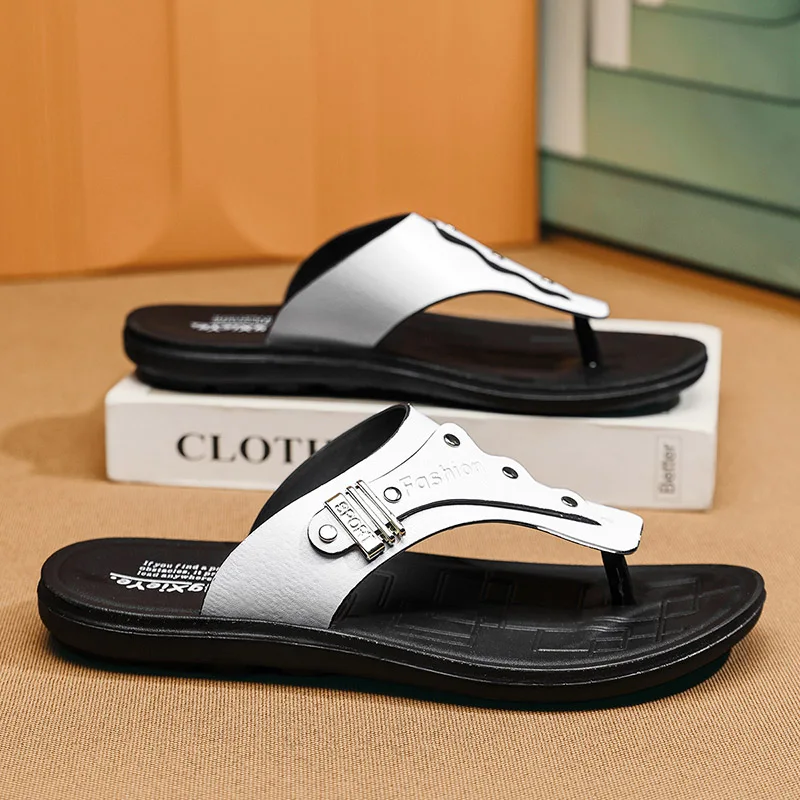 

Fashion White Slippers For Men Flat Slippers Comfy Non-slip Men's Flip-flops Indoor Outdoor Summer Beach Shoes Man Casual Slides