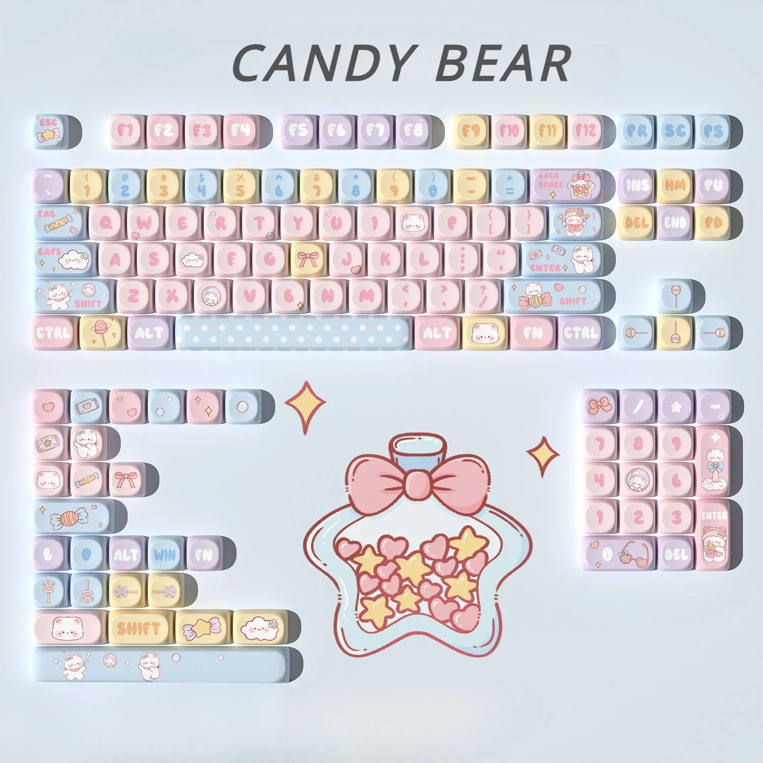 Cute Candy Bear Keycap Moa Pbt For Mechanical Keyboard Five-Sided Sublimation Keycaps Small Complete Set Of 131 Key Pink Keycap