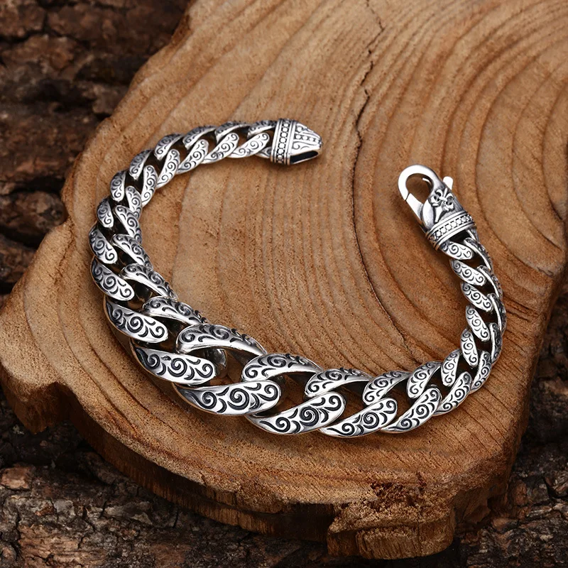 925 Sterling With Grass Pattern, Cuban Bracelet, Thai Silver Vintage Jewelry