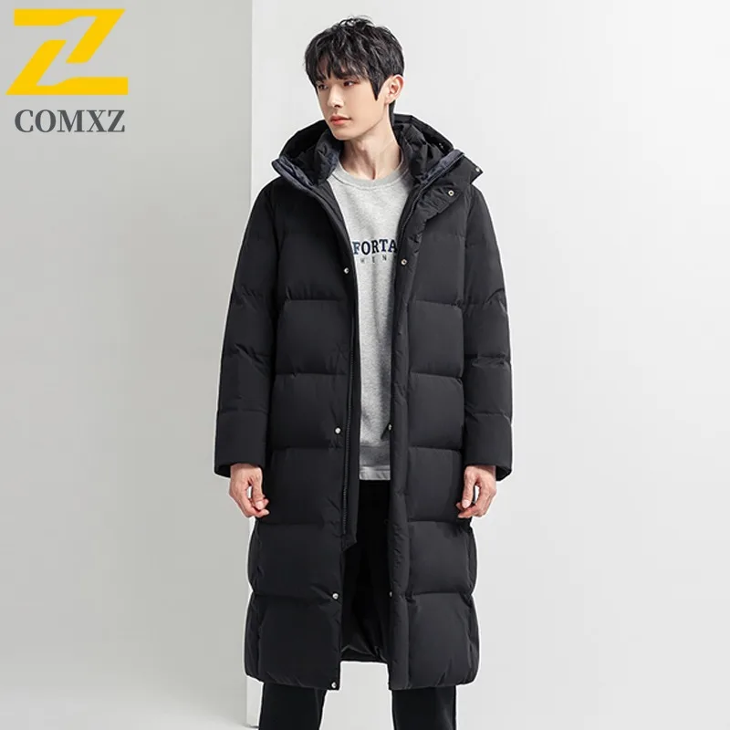 COMXZ Men's Down Jacket 2025 Long Trendy Windproof Casual Skiing Puffer Jacket Street Versatile Solid Color Hooded Winter Jacket