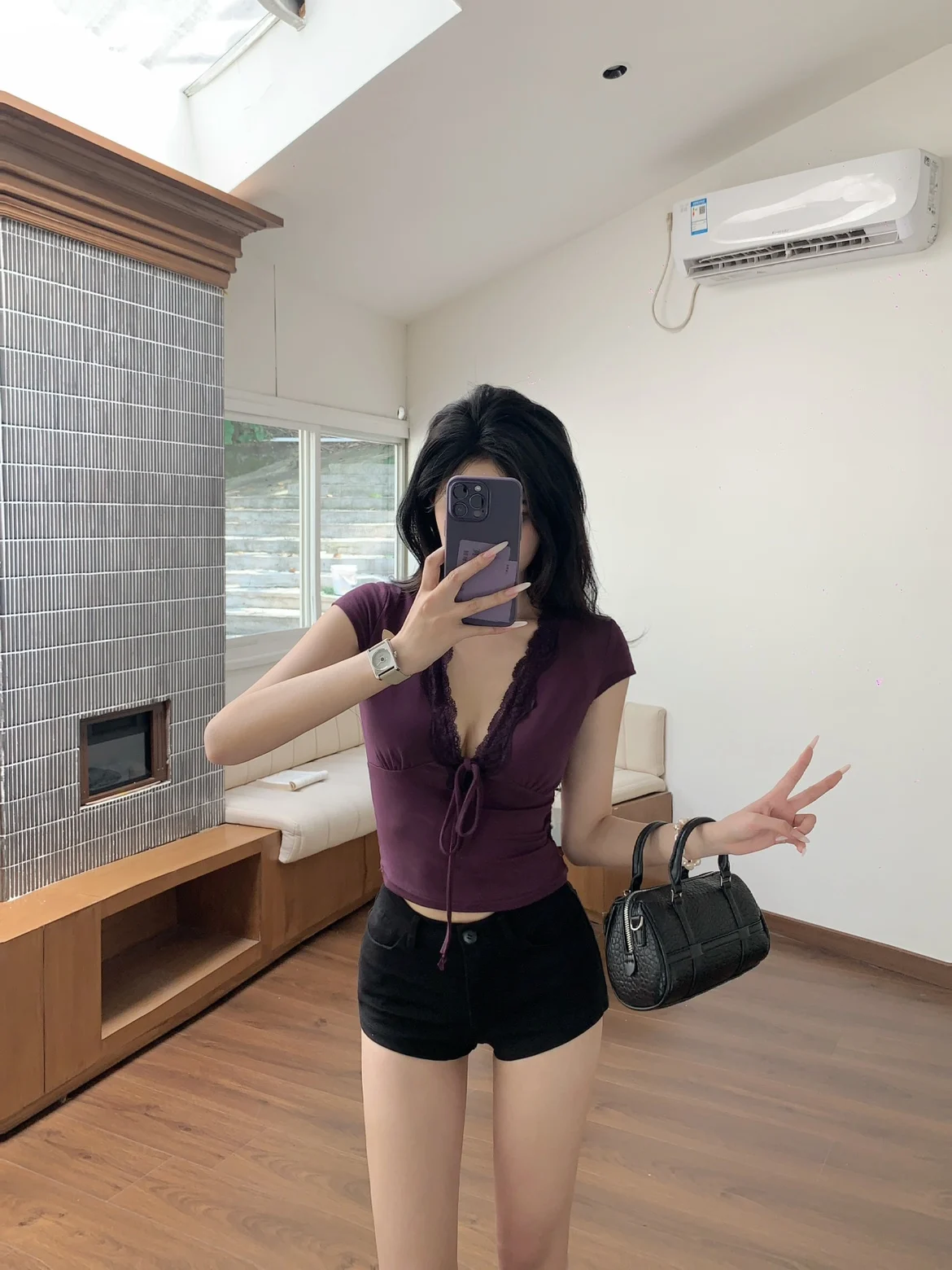 

Sexy Lace Splice V-Neck Short Sleeve T-Shirt Purple Beloved Quality Unique Short Top for Women Commute Style Slim Fit Inner Wear