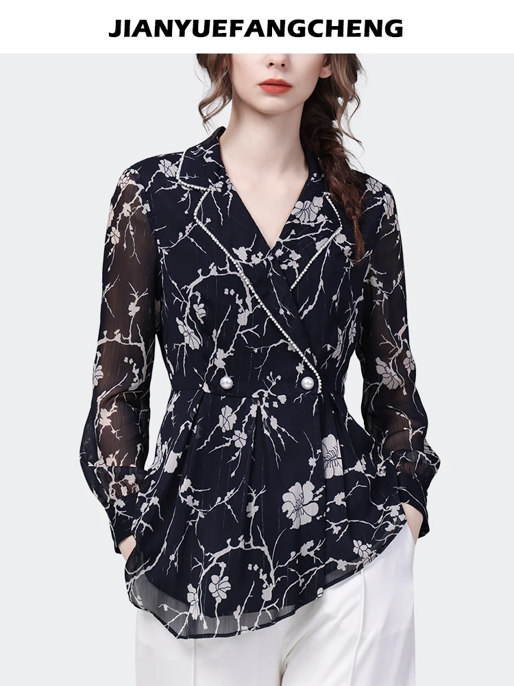 Fashion Women Spring Autumn Long Sleeve Suit Collar Floral Printed Shirt Elegant Vintage Lightweight Chiffon Blouse Tops