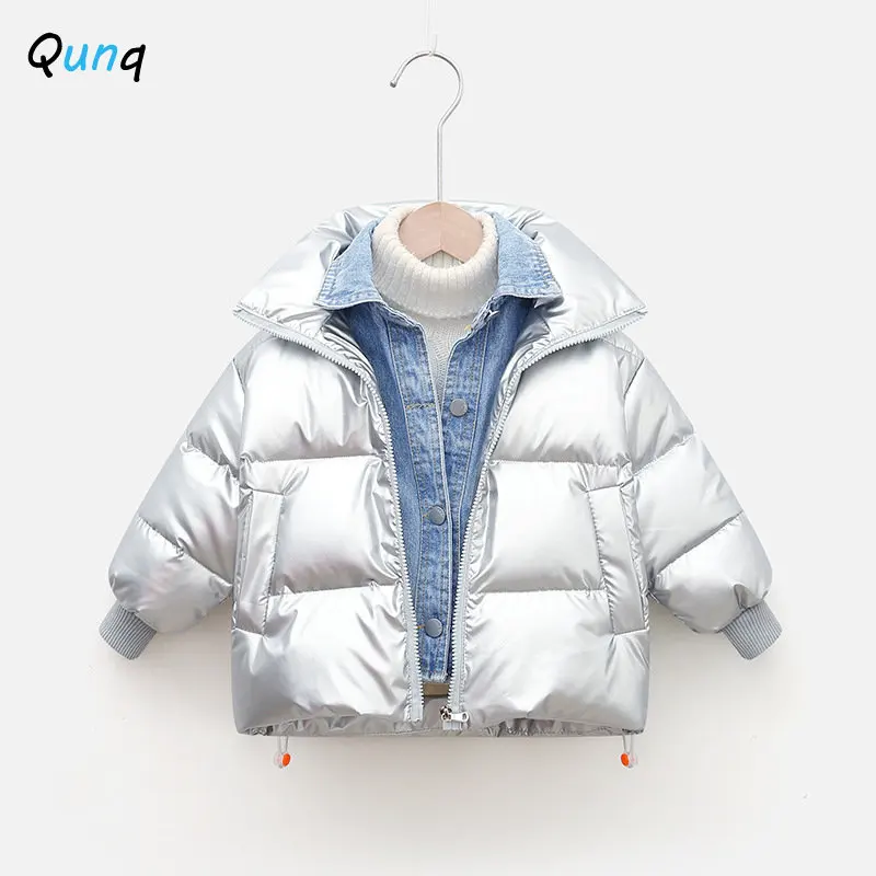 Qunq Winter Boys And Girls Solid Down Jacket Denim Stitching Fake Two Pieces Thick Zipper Coat Casual Kids Clouthes Age 3T-8T