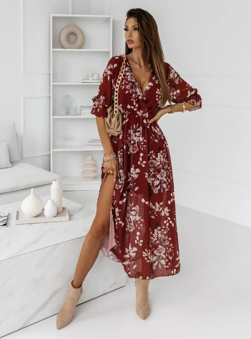 

Women's Chiffon Long Dresses Summer New V-neck Ruffle Sleeves Loose Retro Print A-Line Maxi Dresses Elegant Holiday Ladies Robe