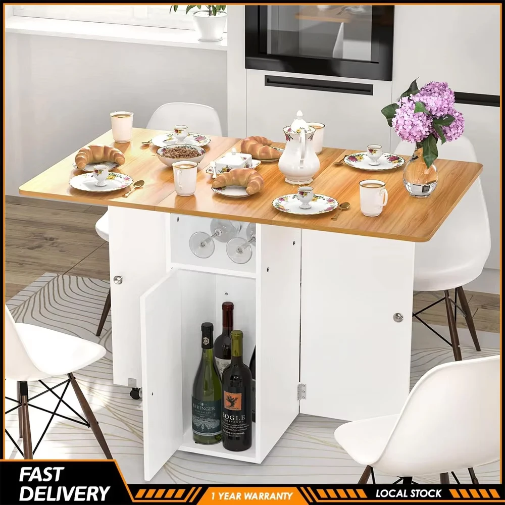 Nouvelle table à manger pliante mobile de style moderne avec roulettes, table à manger extensible en bois avec étagères de rangement pour la maison, la cuisine, le salon et les petits espaces