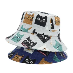 2024 Fashion Animal Cartoon Bucket Hat Cat Printing Fisherman Hat Men Women Cotton Street Hip Hop Flat Cap Fishing Bob Hat