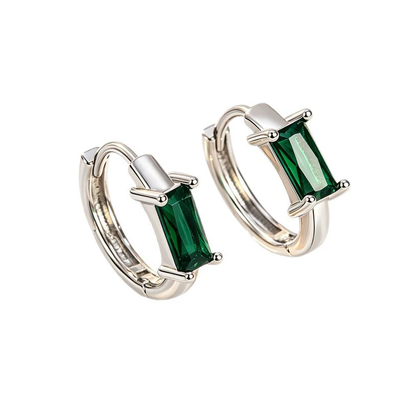 Foxanry Korean Style Silver Color Hoop Earrings For Women New Creative Green Rectangle Zircon Wedding Party Jewelry Gifts Серьги