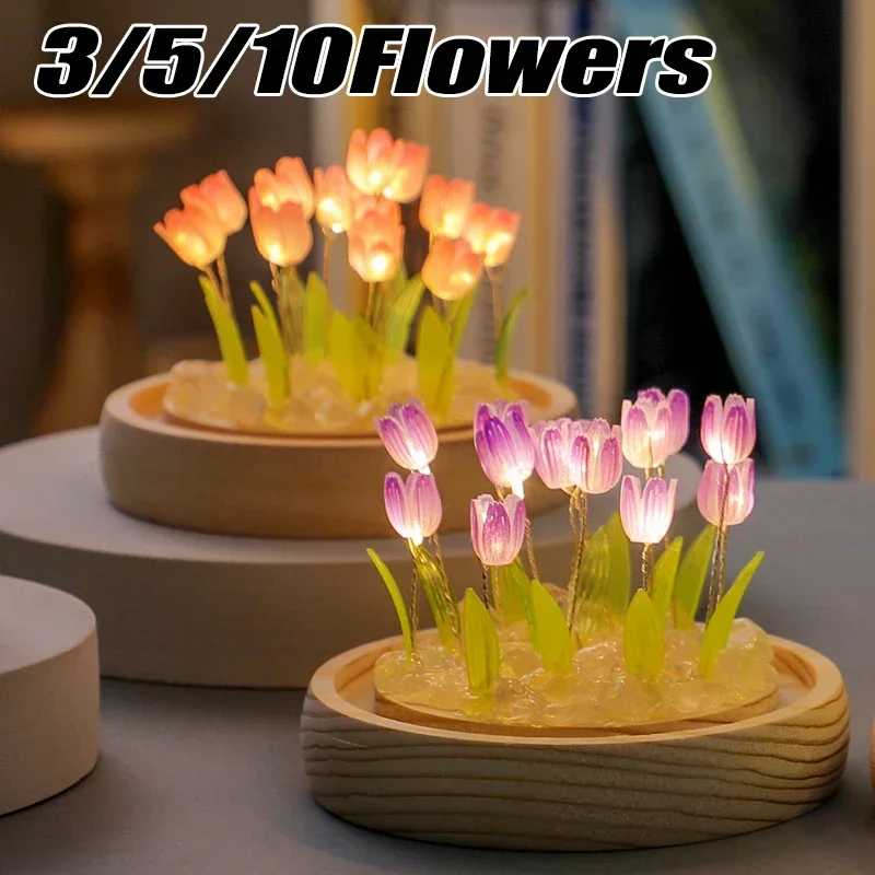 Artificial Tulip Flower Night Light Ornaments Handmade DIY Bedside Lamp LED Night Lamp Bedroom Decor Birthday Gifts Table Lamp