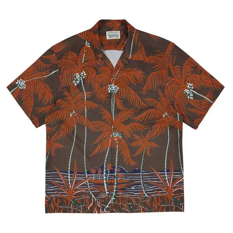 Wacko Maria Palm Tree Full Print Shirt - Street-Look Loose Hawaiian Vacation Style Short-Sleeved T-Shirt for Men