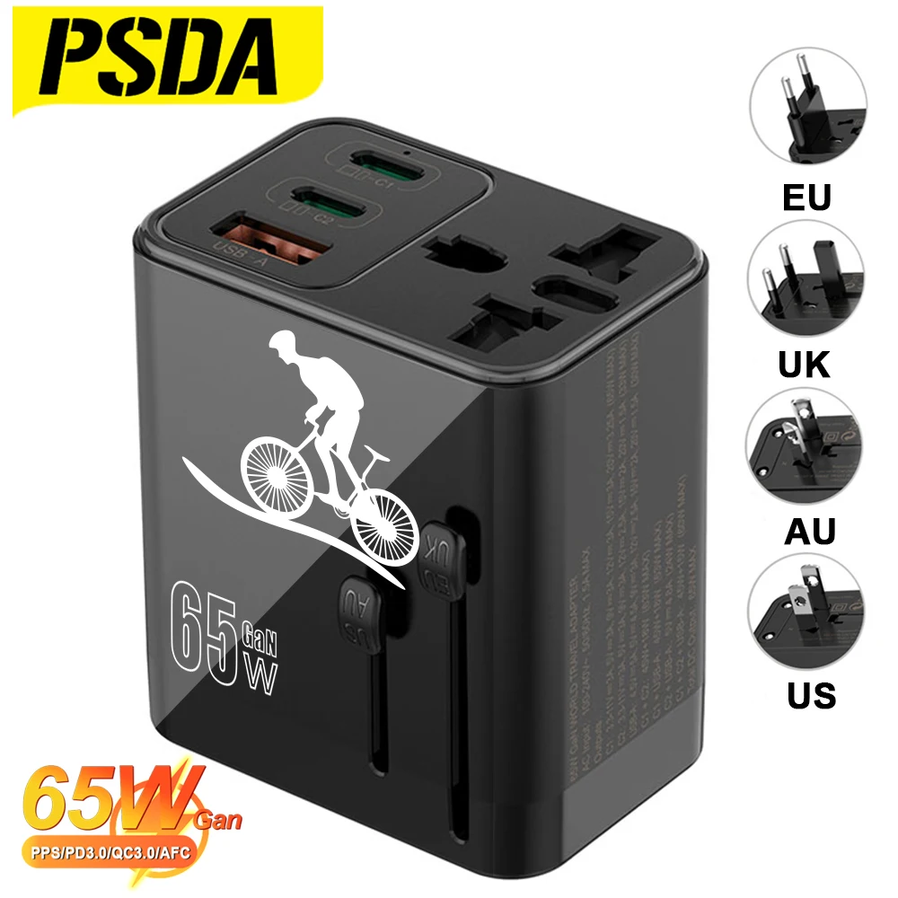 PSDA 3D Leopard 65W GaN Travel Plug Adapter 2USB-C PD USB Worldwide Universal Charger UK EU AU US Converter for Laptops Phones