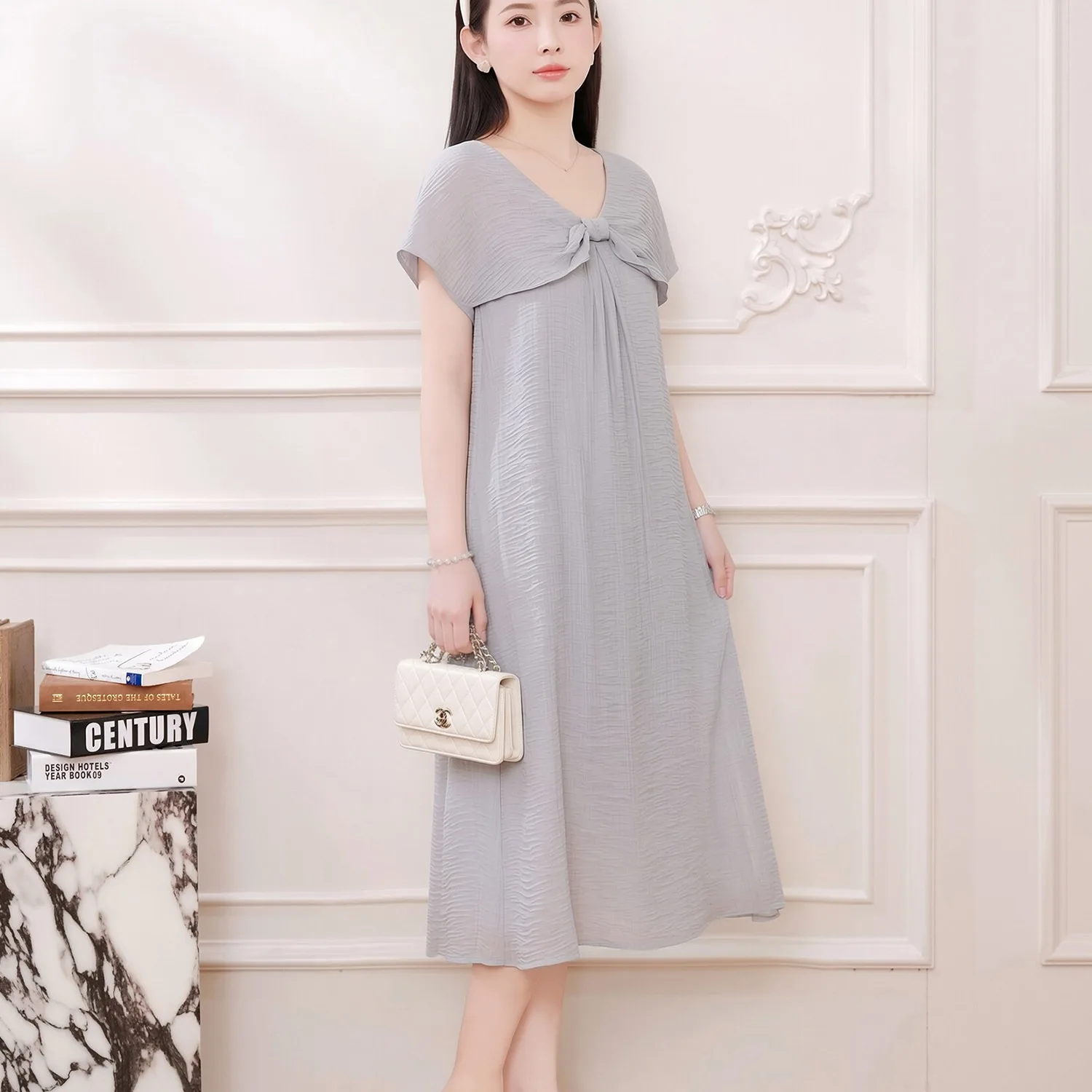 vestido-holgado-de-moda-para-mujer-embarazada-vestido-de-maternidad-gris-estilo-frances-con-cuello-en-v-y-lazo