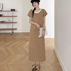 Summer Maxi Long Pleated Dress for Women 2025 Loose Plus Size Short Sleeve with Slit Lady Vestidos Robe KE3577