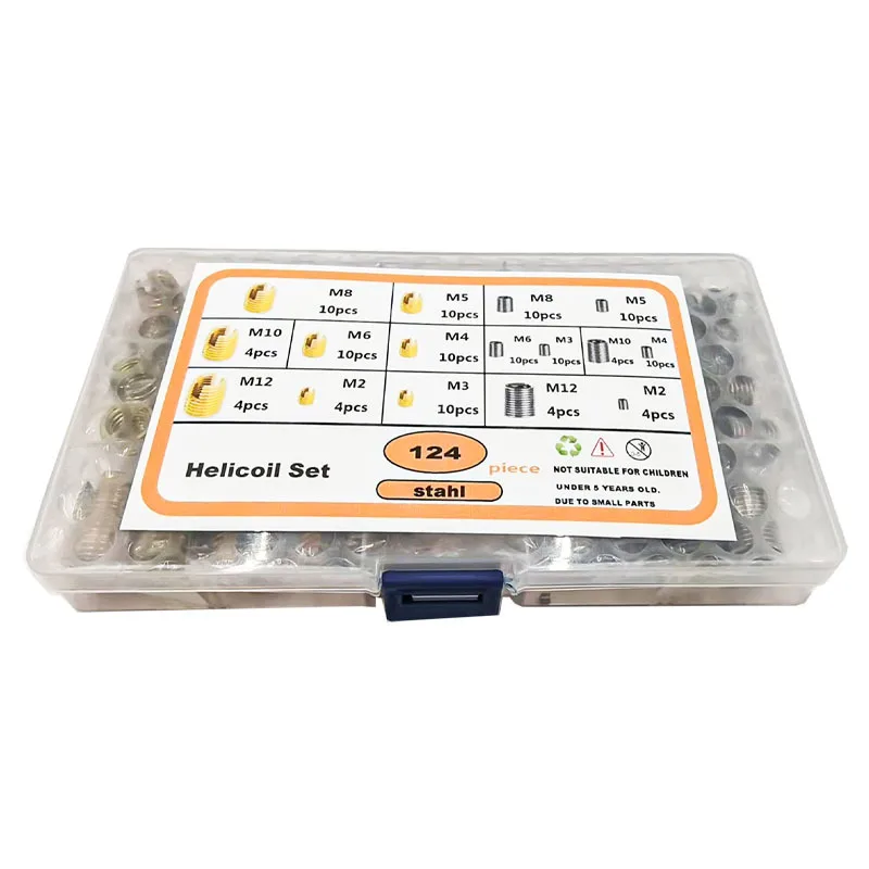 124Pcs Thread Repair Assortment Kit, Carbon Steel Self-Tapping Thread Inserts Wire Thread Sleeves Mixed Set M2-M12
