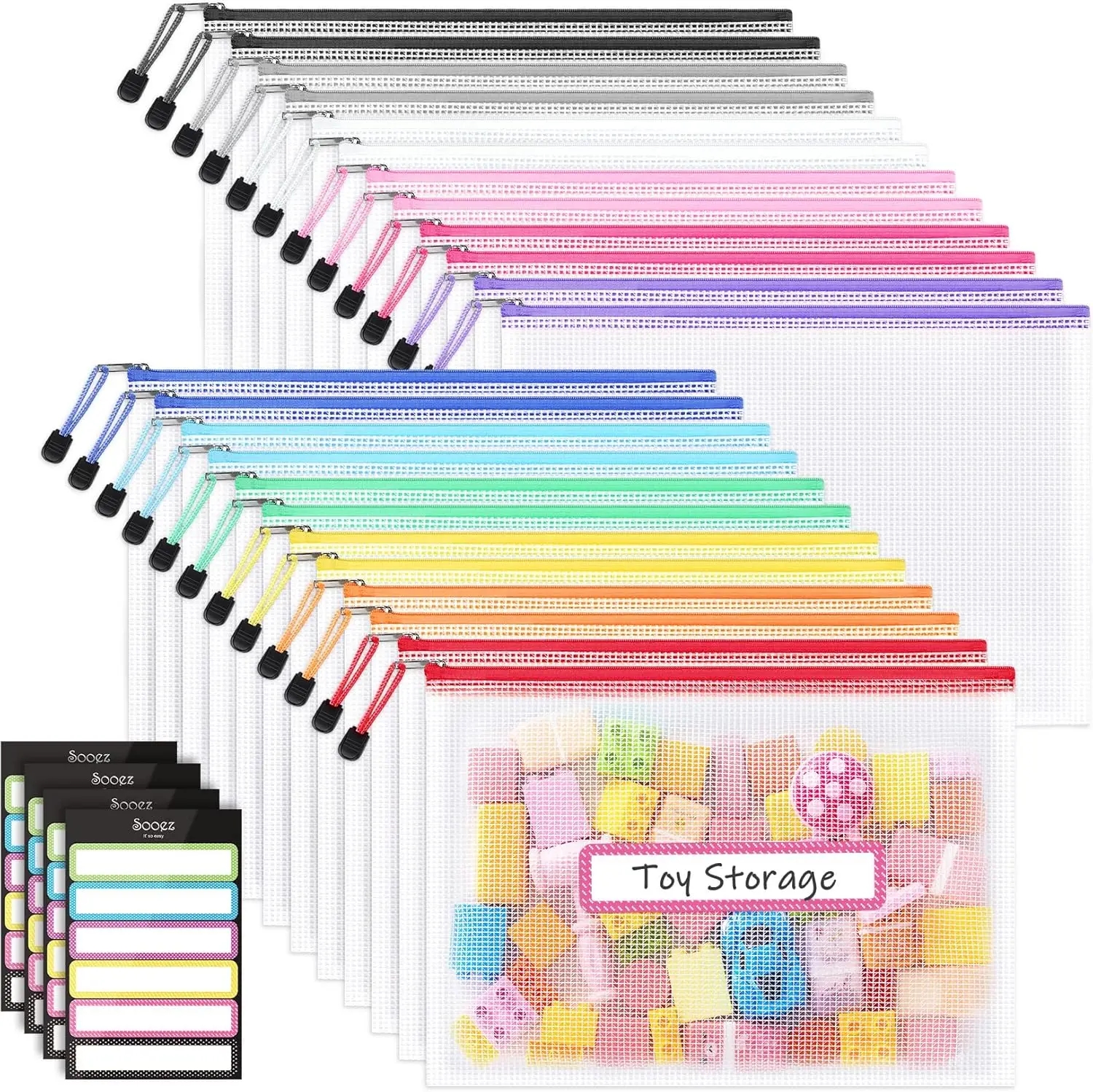 

24 Pack Mesh Zipper Pouches with Sticky Labels, A4 Size for Toy Storage, Office Supplies, and Travel Organization