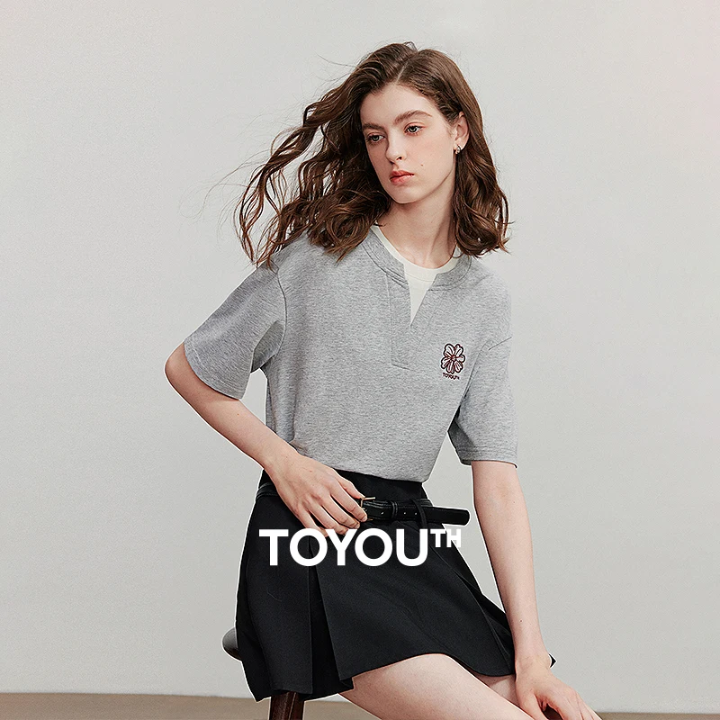 

TOYOUTH Women Short Sleeve T shirt 2025 Summer New Fake Two Piece Casual Tops 8521085