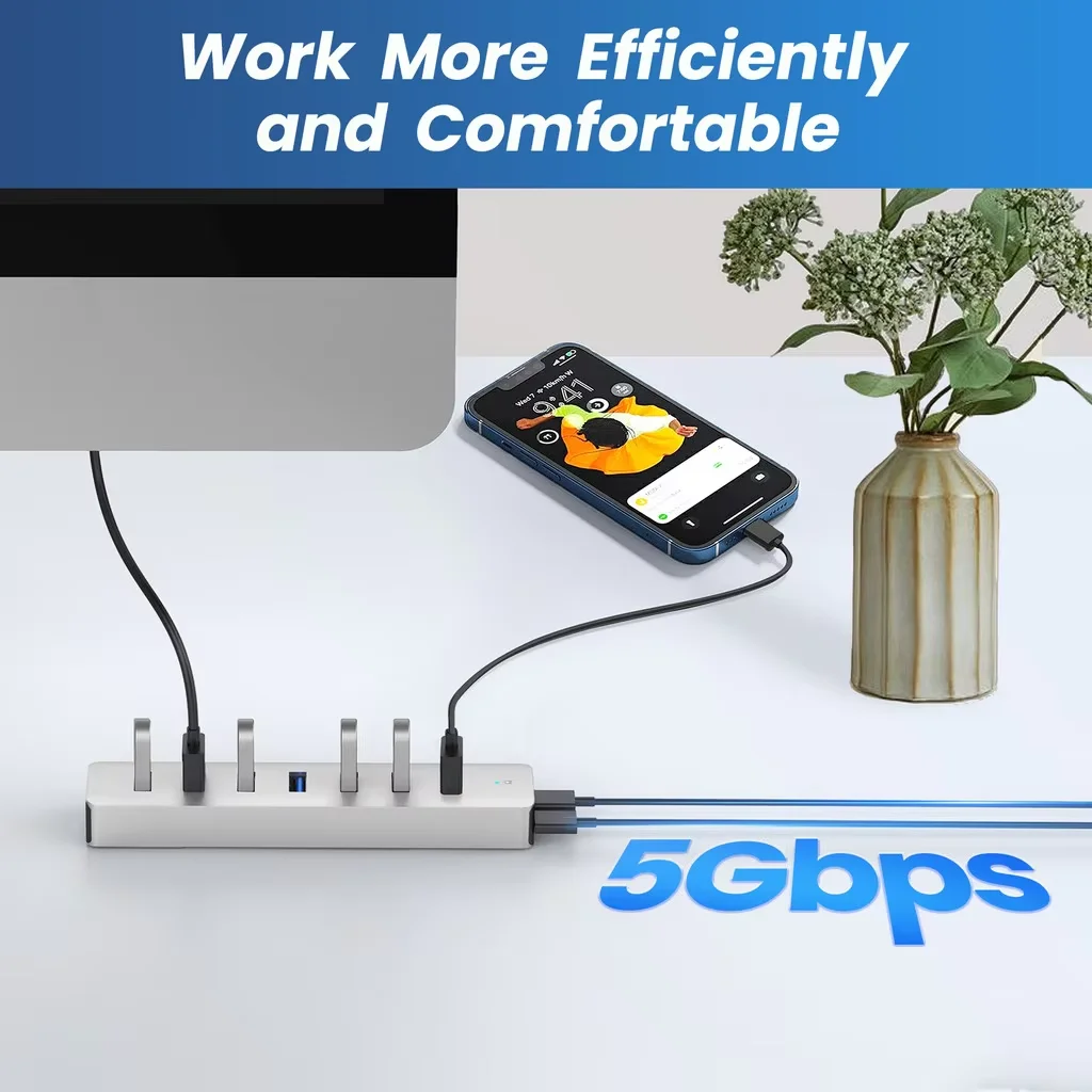 EJAY 4-7 Port USB3.0 Hub 5Gbps Aluminum USB-C Splitter with Extra Power Supply Port Multi Port Extender Hub for PC Laptop Mac