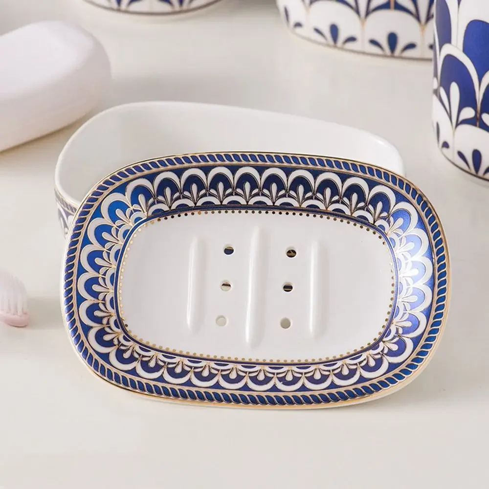 

Light Luxury Ceramic Soap Holder Nordic Style Eco Friendly Self Draining Soap Dish Blue and White Stripes Convenient Cleaning